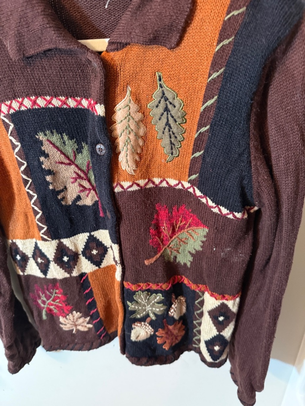 Classic Elements Brown Rust and Black Patchwork Leaf Embroidered Cardigan - Picture 4 of 7